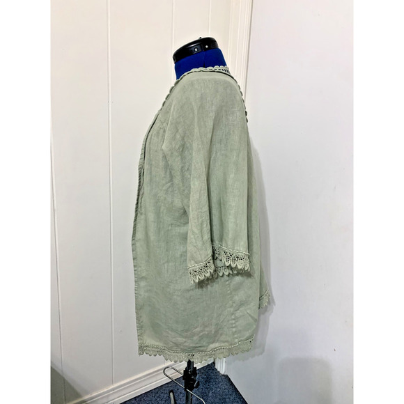 Valentina Naldi Italy Kimono Cardigan 100% Green Linen Crochet Embroidery Sz OS - Picture 2 of 8
